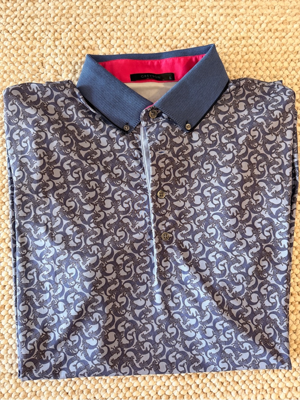 Greyson Men’s Navy & Light Blue Patterned Polo with Contrast Collar